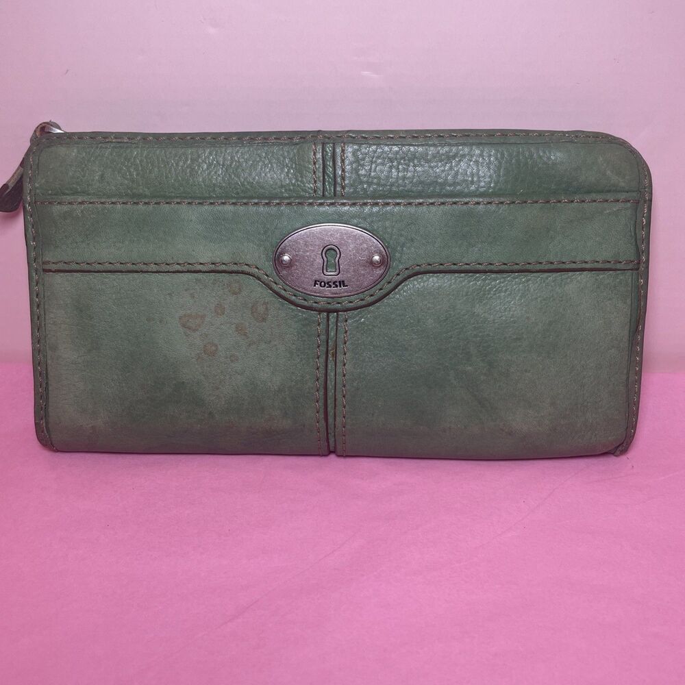 Vintage Fossil Green Leather Key Zipper Clutch Wallet Purse Maddox Marlow See